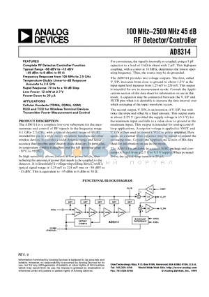 AD8314ARM datasheet - 100 MHz-2500 MHz 45 dB RF Detector/Controller