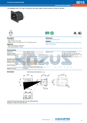 6015-H-ABC0-D-EG datasheet - IEC Appliance Inlet C18, Snap-in Mounting, Front Side, Solder or Quick-connect or Screw-on Terminal