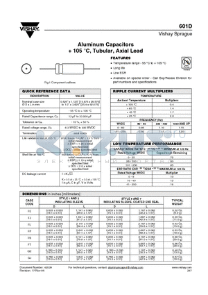 601D datasheet - Aluminum Capacitors 105 C, Tubular, Axial Lead