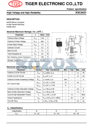 KSC5027 datasheet - High Voltage and High Reliability