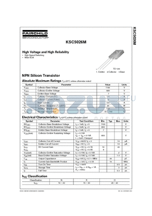 KSC5026M datasheet - High Voltage and High Reliability