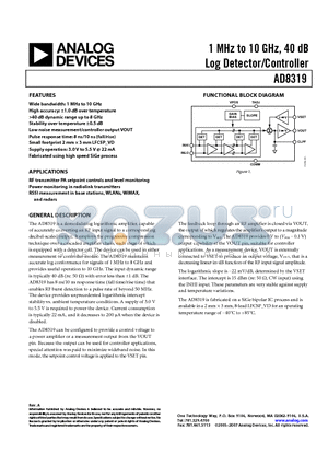 AD8319 datasheet - 1 MHz to 10 GHz, 40 dB Log Detector/Controller