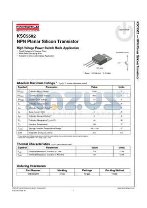KSC5502TU datasheet - NPN Planar Silicon Transistor