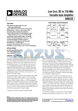 AD8330 datasheet - Low Cost, DC to 150 MHz Variable Gain Amplifier