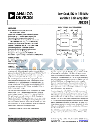 AD8330ACPZ-R2 datasheet - Low Cost, DC to 150 MHz Variable Gain Amplifier