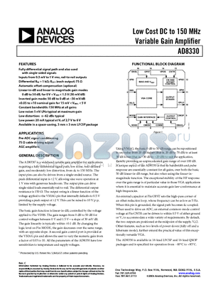 AD8330ARQ datasheet - Low Cost DC to 150 MHz Variable Gain Amplifier