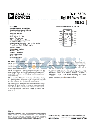 AD8343 datasheet - DC-to-2.5 GHz High IP3 Active Mixer