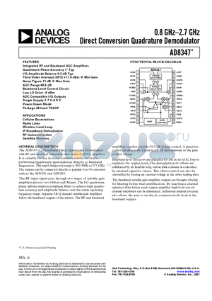 AD8347ARU-REEL7 datasheet - 0.8 GHz-2.7 GHz Direct Conversion Quadrature Demodulator