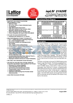 ISPLSI2192VE135LB144I datasheet - 3.3V In-System Programmable SuperFAST High Density PLD