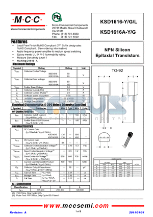 KSD1616-Y datasheet - NPN Silicon Epitaxial Transistors