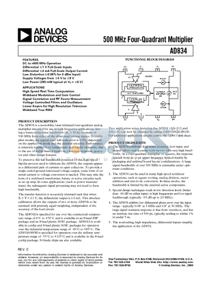 AD834JR datasheet - 500 MHz Four-Quadrant Multiplier