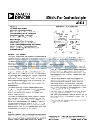 AD834JR-REEL7 datasheet - 500 MHz Four-Quadrant Multiplier