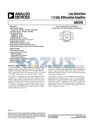 AD8350AR15-REEL7 datasheet - Low Distortion 1.0 GHz Differential Amplifier