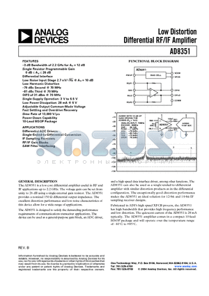 AD8351ARMZ datasheet - Low Distortion Differential RF/IF Amplifier