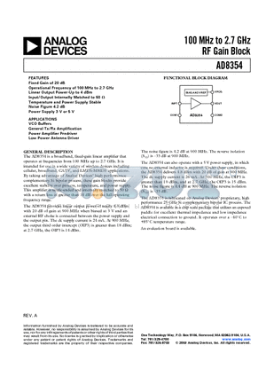 AD8354ACP-REEL7 datasheet - 100 MHz-2.7 GHz RF Gain Block