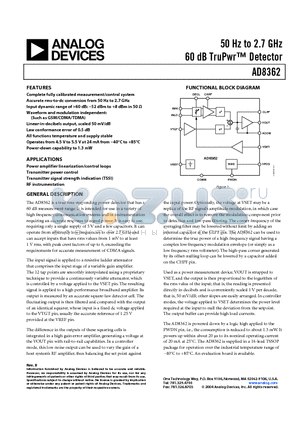 AD8362ARUZ1 datasheet - 50 Hz to 2.7 GHz 60 dB TruPwr Detector