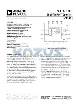 AD8363ACPZ-R2 datasheet - 50 Hz to 6 GHz 50 dB TruPwr Detector