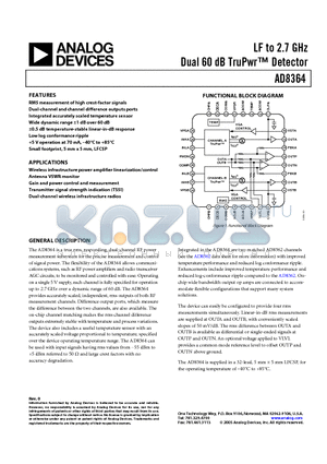 AD8364ACP-REEL7 datasheet - LF to 2.7 GHz Dual 60 dB TruPwr Detector