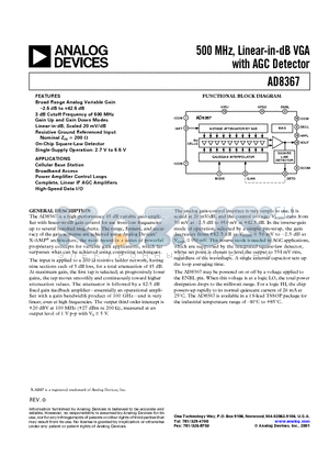 AD8367ARU-REEL-7 datasheet - 500 MHz, Linear-in-dB VGA with AGC Detector