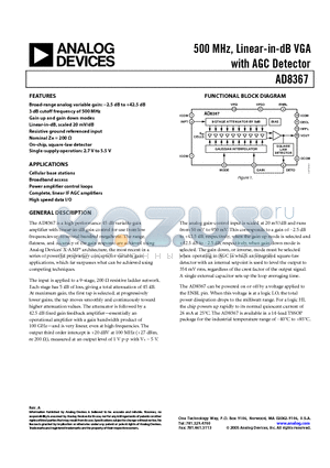 AD8367ARU-REEL-7 datasheet - 500 MHz, Linear-in-dB VGA with AGC Detector