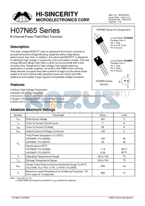 H07N65 datasheet - N-Channel Power Field Effect Transistor