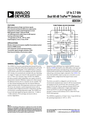 AD8364ACPZ-RL21 datasheet - LF to 2.7 GHz Dual 60 dB TruPwr Detector