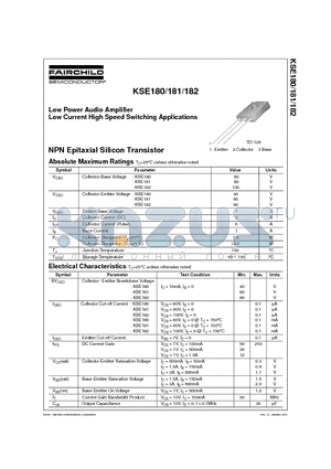 KSE180 datasheet - Low Power Audio Amplifier Low Current High Speed Switching Applications