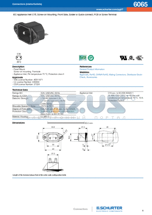 6065 datasheet - IEC Appliance Inlet C18, Screw-on Mounting, Front Side, Solder or Quick-connect, PCB or Screw Terminal