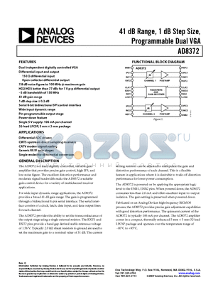 AD8372ACPZ-WP1 datasheet - 41 dB Range, 1 dB Step Size, Programmable Dual VGA