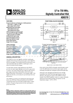 AD8370ARE datasheet - LF to 750 MHz, Digitally Controlled VGA