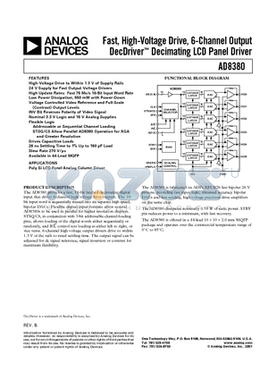 AD8380 datasheet - Fast, High-Voltage Drive, 6-Channel Output DecDriver Decimating LCD Panel Driver