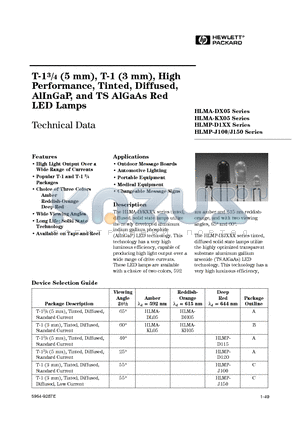 HLMA-DH05 datasheet - T-13/4 (5 mm), T-1 (3 mm), High Performance, Tinted, Diffused, AlInGaP, and TS AlGaAs Red LED Lamps