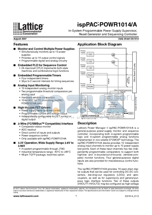 ISPPAC-POWR1014-01TN48I datasheet - In-System Programmable Power Supply Supervisor, Reset Generator and Sequencing Controller