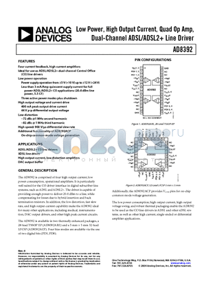 AD8392ARE-REEL datasheet - Low Power, High Output Current, Quad Op Amp, Dual-Channel ADSL/ADSL2 Line Driver