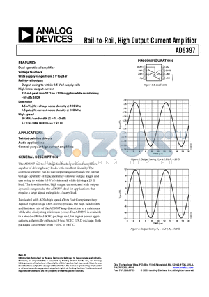 AD8397ARZ-REEL datasheet - Rail-to-Rail, High Output Current Amplifier