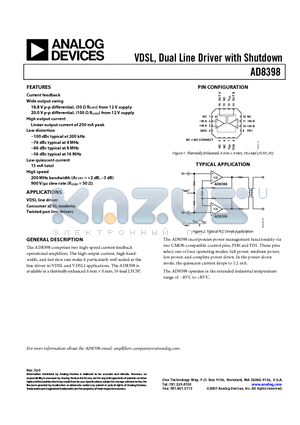 AD8398 datasheet - VDSL, Dual Line Driver with Shutdown