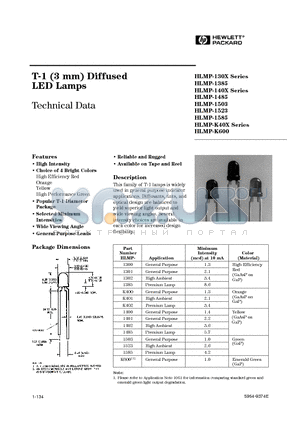 HLMP-1300 datasheet - T-1 (3 mm) Diffused LED Lamps