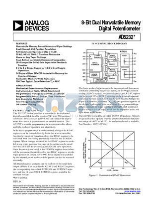 AD8402 datasheet - 8-Bit Dual Nonvolatile Memory Digital Potentiometer