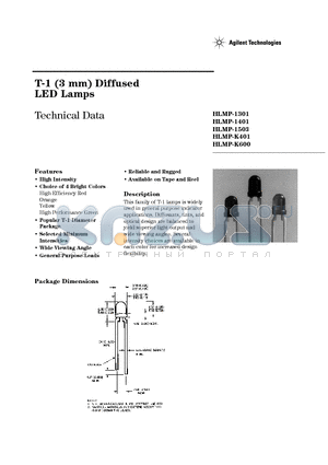 HLMP-1301-GH0EE datasheet - T-1 (3 mm) Diffused LED Lamps