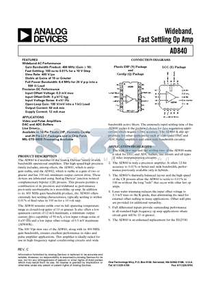 AD840KQ datasheet - Wideband, Fast Settling Op Amp