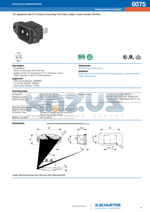 6075 datasheet - IEC Appliance Inlet C10, Screw-on Mounting, Front Side, Solder or Quick-connect Terminal