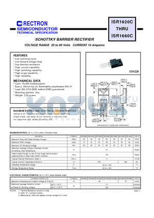 ISR1660C datasheet - SCHOTTKY BARRIER RECTIFIER VOLTAGE RANGE 20 to 60 Volts CURRENT 16 Amperes