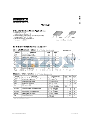 KSH122 datasheet - D-PAK for Surface Mount Applications