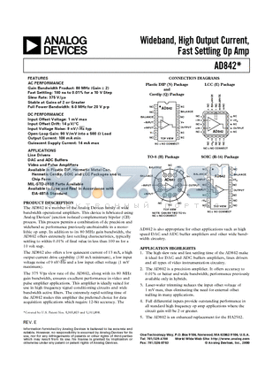 AD842JR-16 datasheet - Wideband, High Output Current, Fast Settling Op Amp