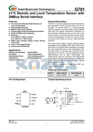 G781 datasheet - a1`C Remote and Local Temperature Sensor with SMBus Serial Interface
