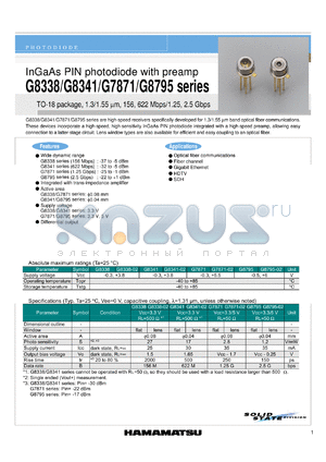 G7871 datasheet - InGaAs PIN photodiode with preamp
