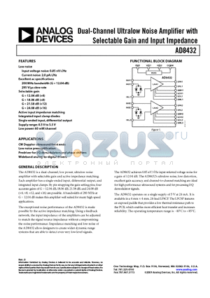 AD8432ACPZ-R7 datasheet - Dual-Channel Ultralow Noise Amplifier with Selectable Gain and Input Impedance