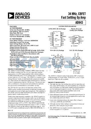 AD843SQ datasheet - 34 MHz, CBFET Fast Settling Op Amp