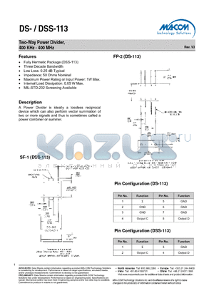 DSS-113PIN datasheet - Two-Way Power Divider, 400 KHz - 400 MHz
