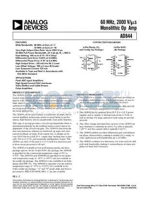 AD844SQ datasheet - 60 MHz, 2000 V/us Monolithic Op Amp